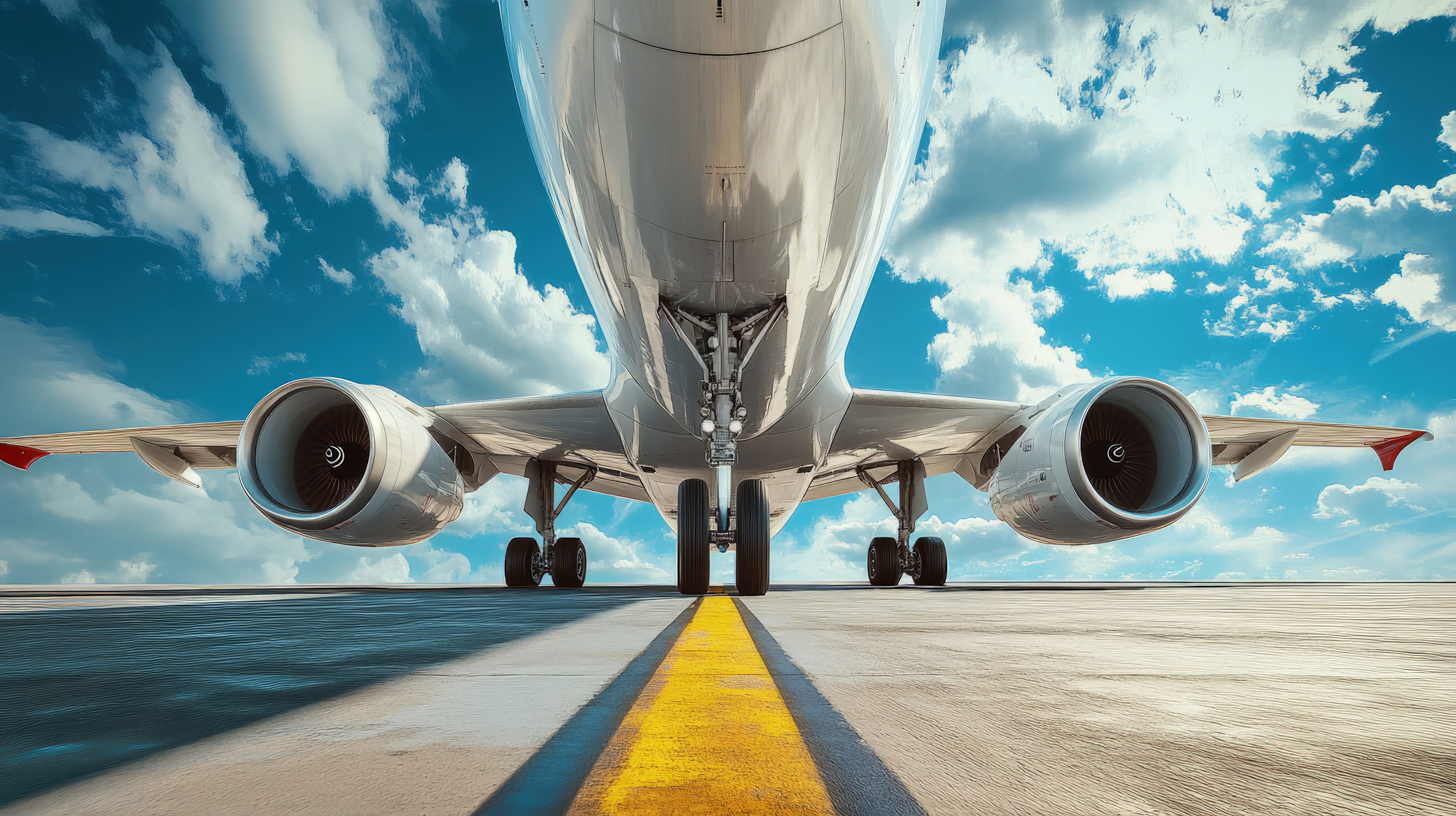 Low angle shows modern jet airplane’s engines and landing gear on runway under cloudy sky Image from underneath an airplane looking from the runway upwards.